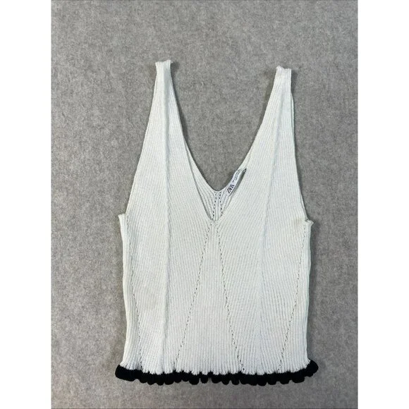 Zara Cream Sleeveless Crochet Knit Bottom Ruffle Crop Sweater Tank Top V Neck SM - Picture 9 of 9